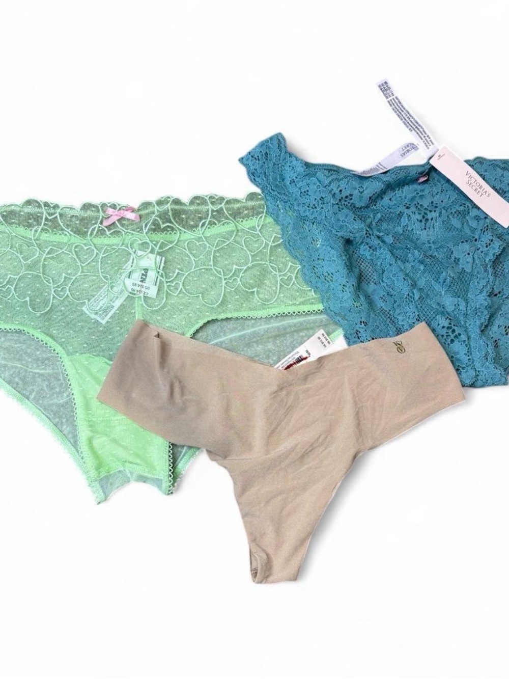 Victoria's Secret Lace & Seamless Panty Trio - Teal, Mint & Nude